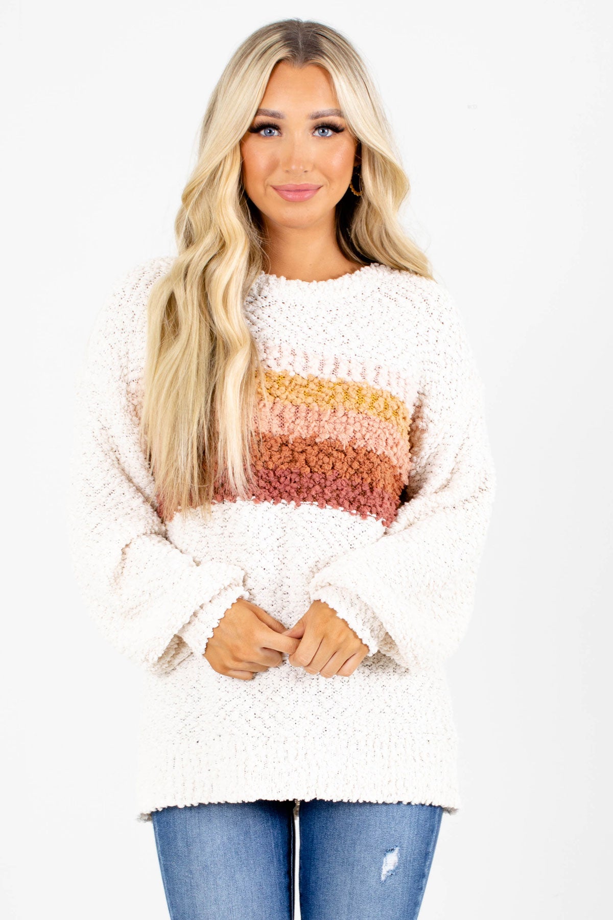 Cream Striped Boutique Sweaters For Women