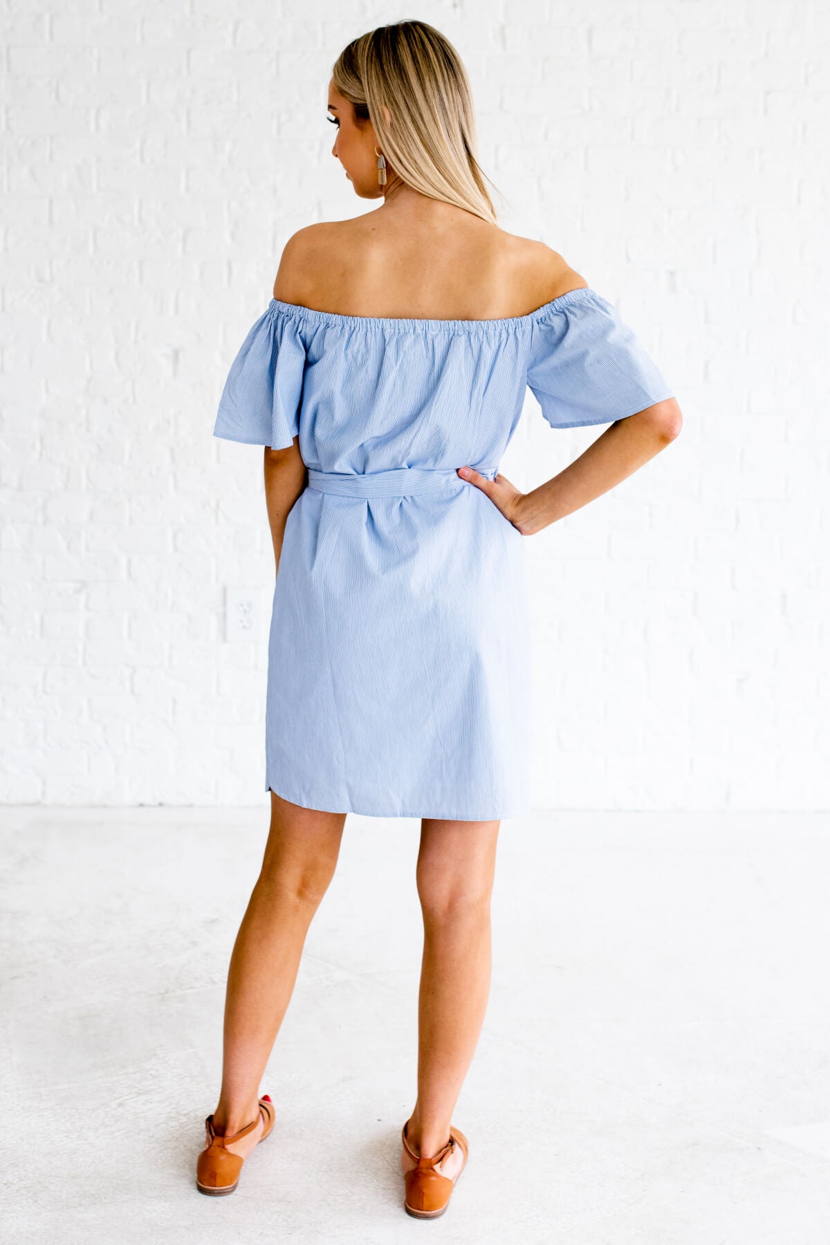 Blue and white striped off the shoulder dress sales