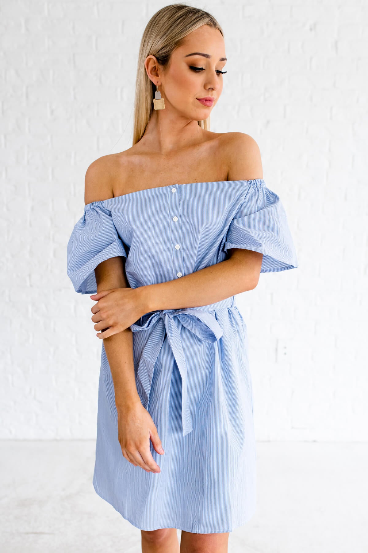 Blue striped off store the shoulder dress
