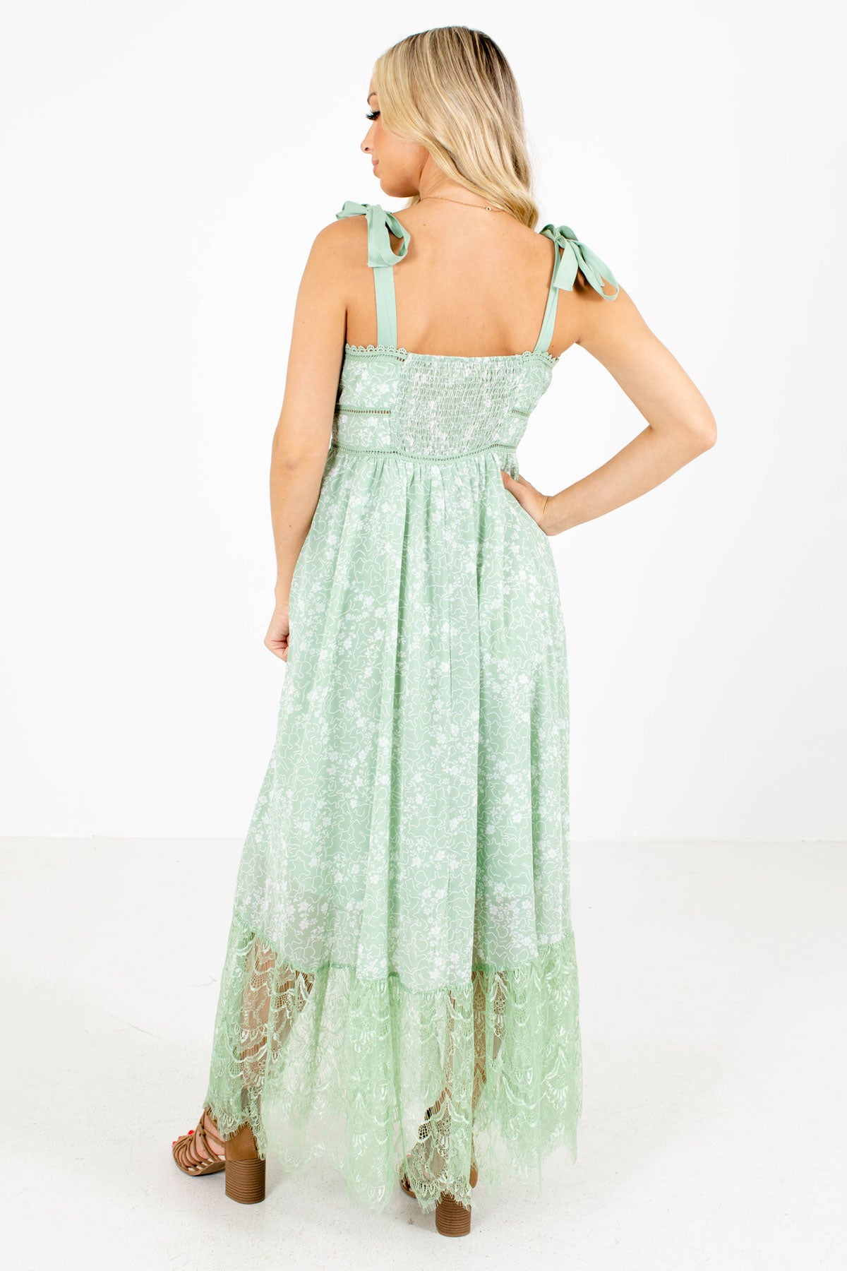 Women's Green Smocked Back Boutique Maxi Dress