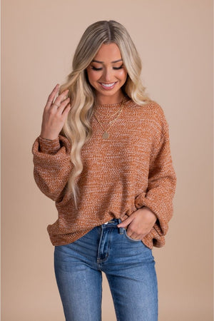 women's brown orange knit sweater with balloon sleeves