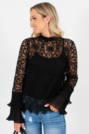 Black Semi-Sheer Lace Material Boutique Tops for Women