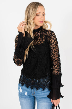 Black Pleated and Tiered Sleeve Boutique Tops for Women
