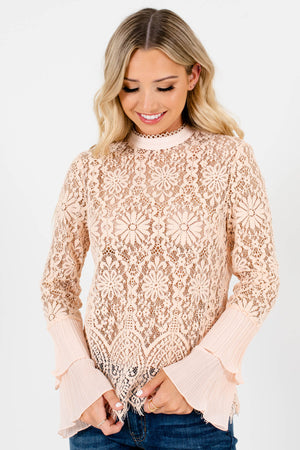 Peach Pink Pleated Tiered Sleeve Boutique Tops for Women