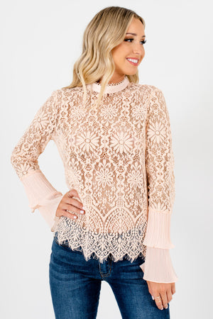 Peach Pink Semi-Sheer Lace Material Boutique Tops for Women