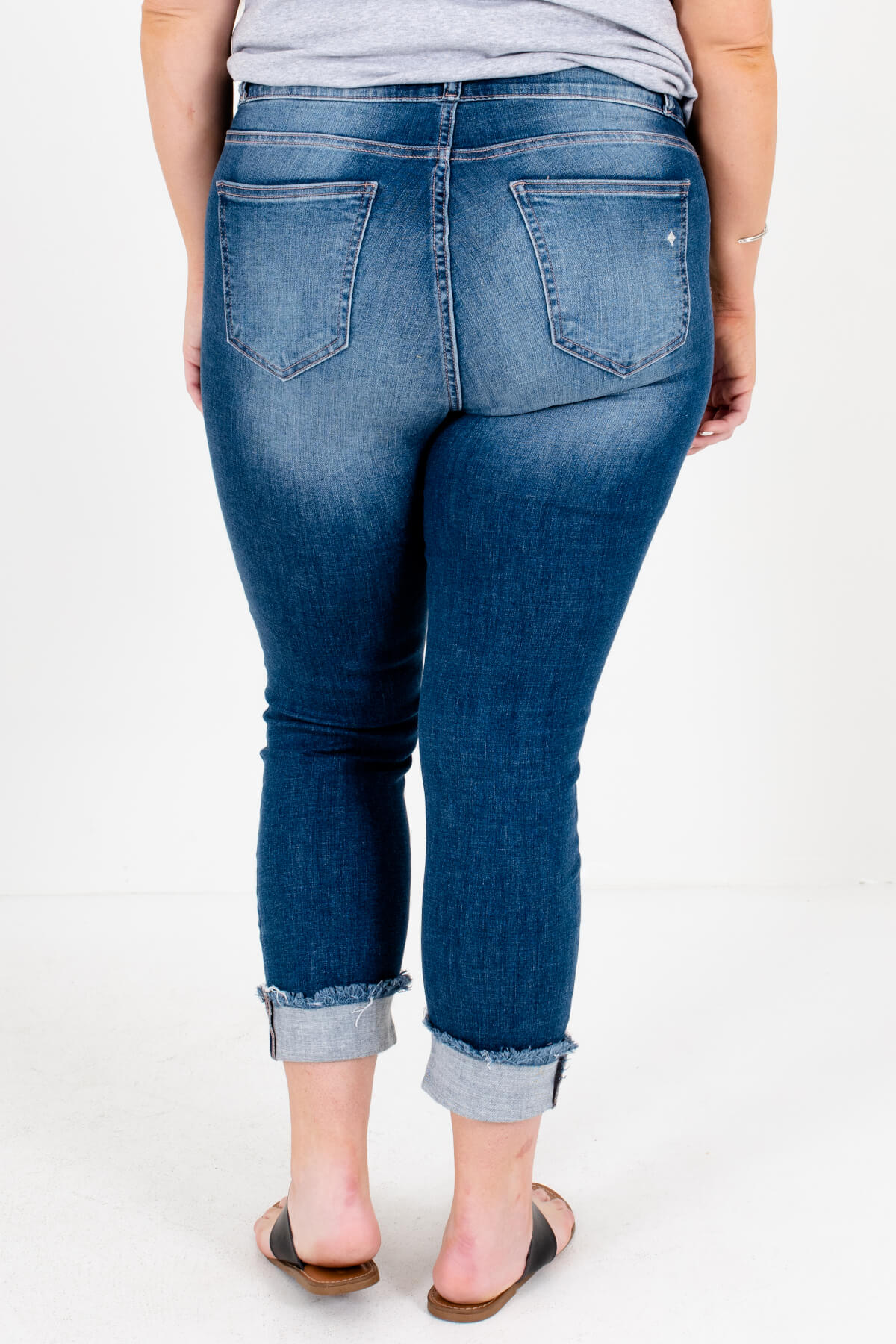 Women's Medium Wash Blue Denim Cuffed Sleeve Plus Size Boutique Jeans