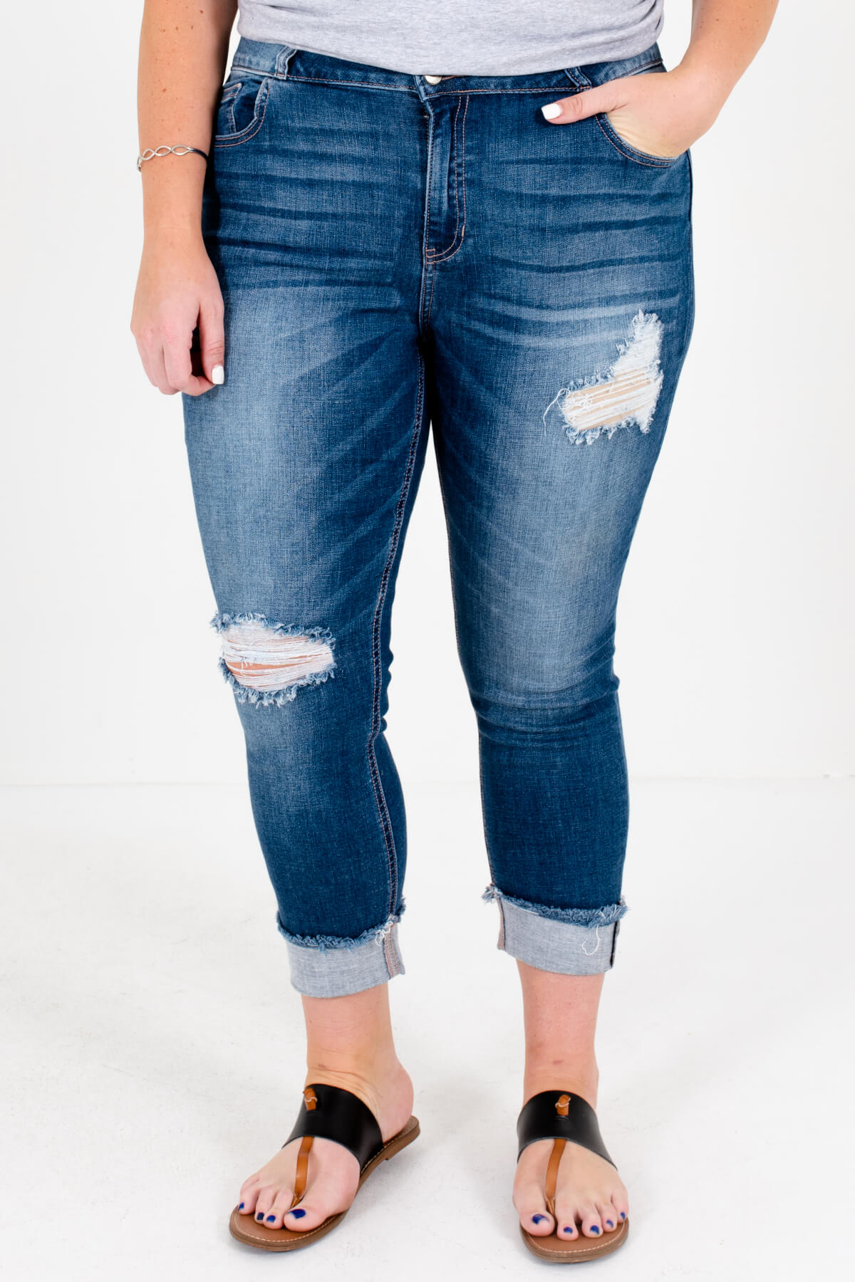 Medium Wash Blue Denim Distressed Detailing Boutique Plus Size Jeans for Women