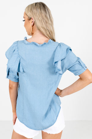 Women's Blue Ruffle Accented Boutique Tops