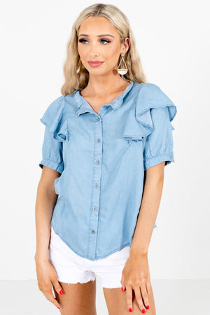 Blue Button-Up Front Boutique Tops for Women