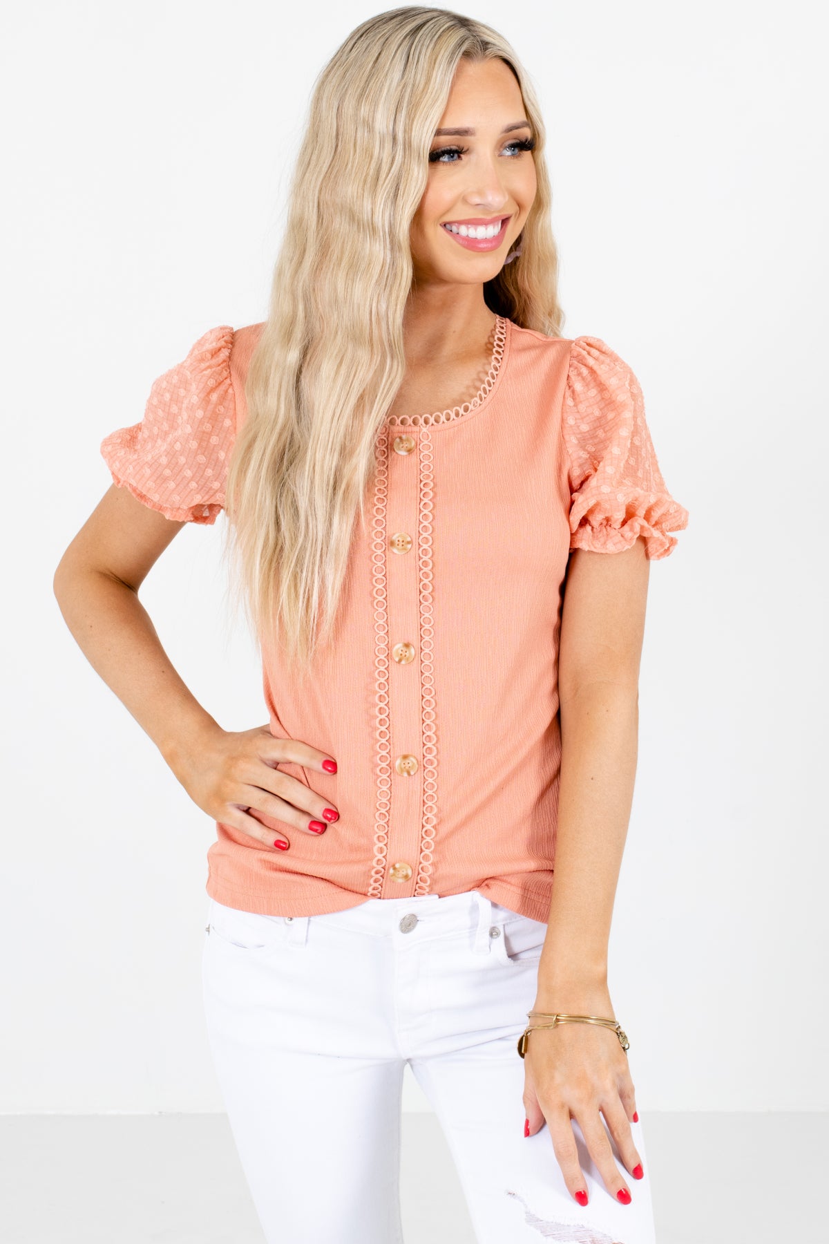Pink Puff Sleeve Style Boutique Blouses for Women