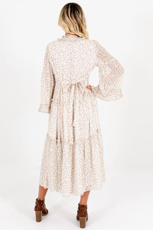 White Pink Green Floral Print Tiered Peasant Pleated Midi Dress