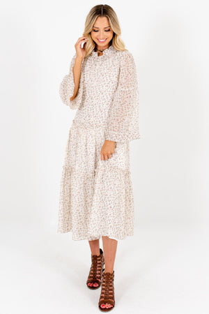 Ivory Ditsy Floral Print Pleated Peasant Midi Dresses for Women