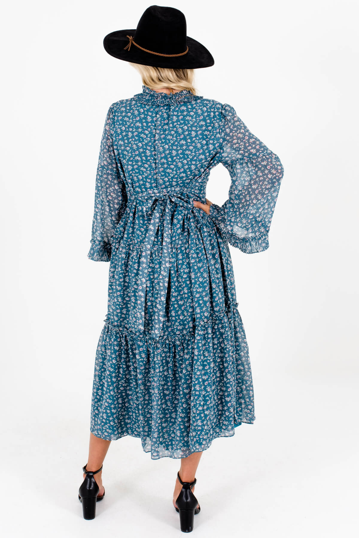 Teal Ditsy Floral Print Peasant Tiered Midi Dresses for Women