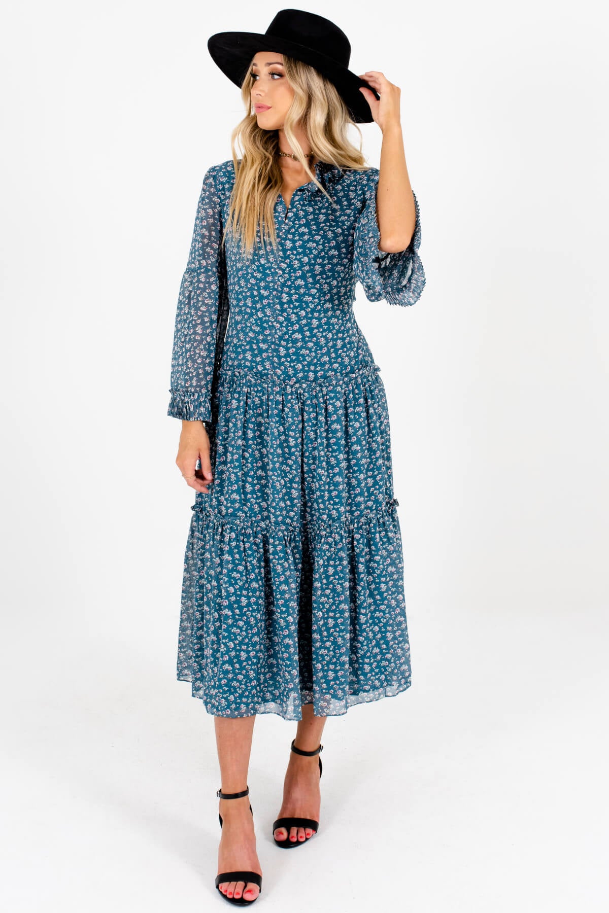 Teal Ditsy Floral Print Flowy Peasant Midi Dresses for Women