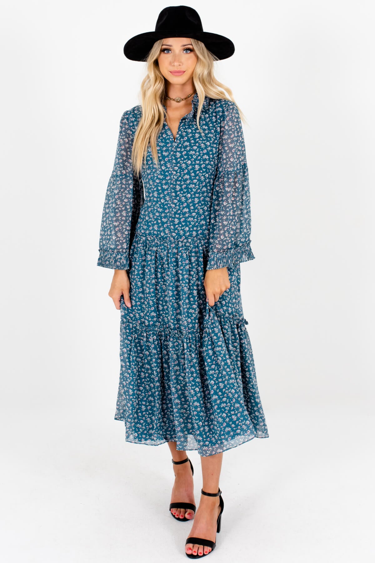 Teal Floral Print Peasant Midi Dresses Affordable Online Boutique