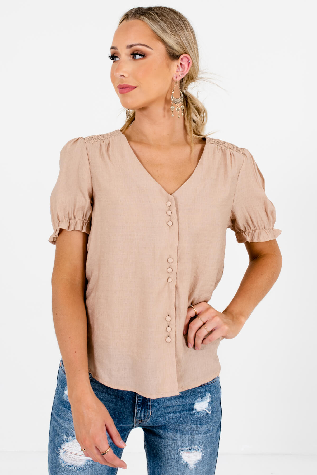 Beige Brown Button-Up Front Boutique Tops for Women