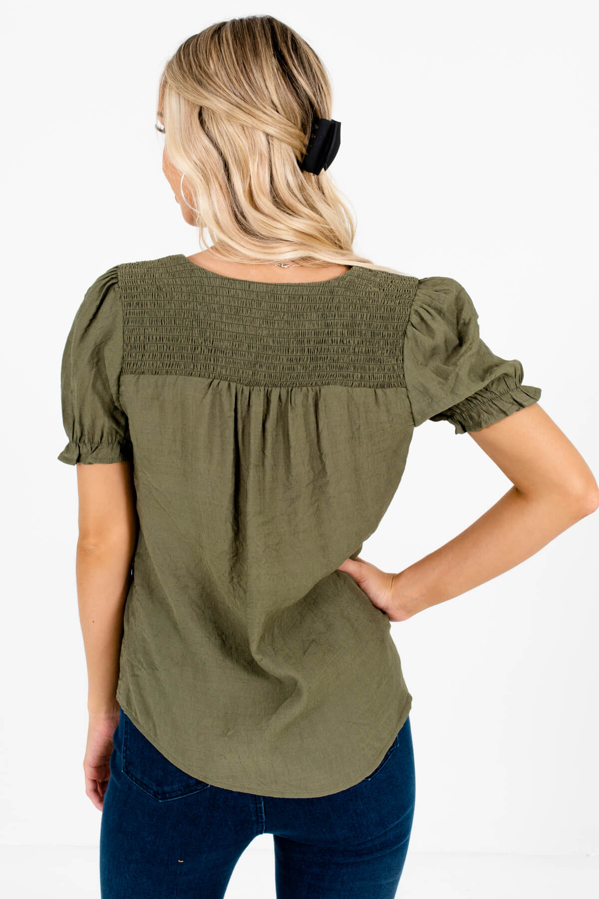 Women's Olive Green Ruffled Sleeves Boutique Tops