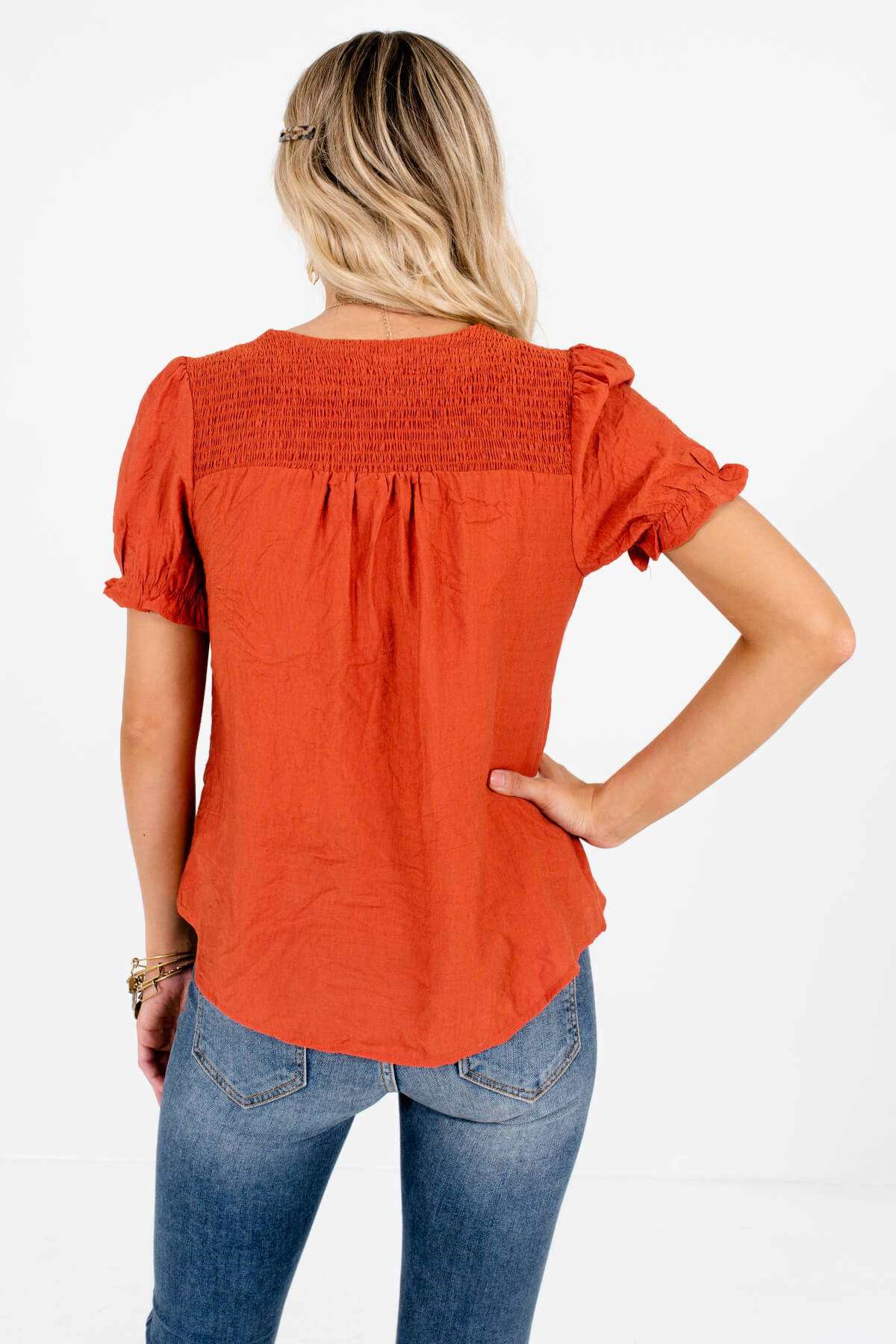 Women's Rust Orange Ruffled Sleeves Boutique Tops