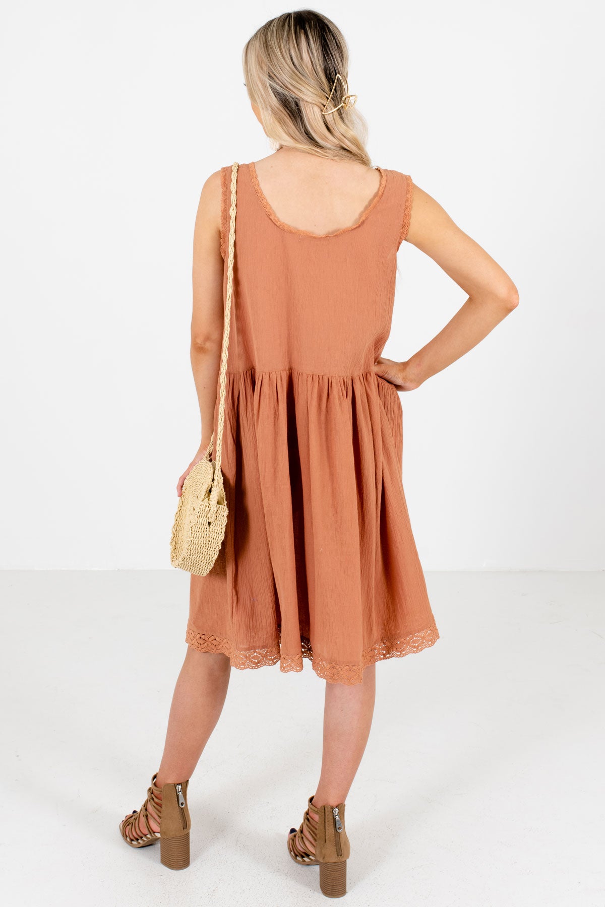 Women's Muted Orange Crochet Lace Detailed Boutique Dress