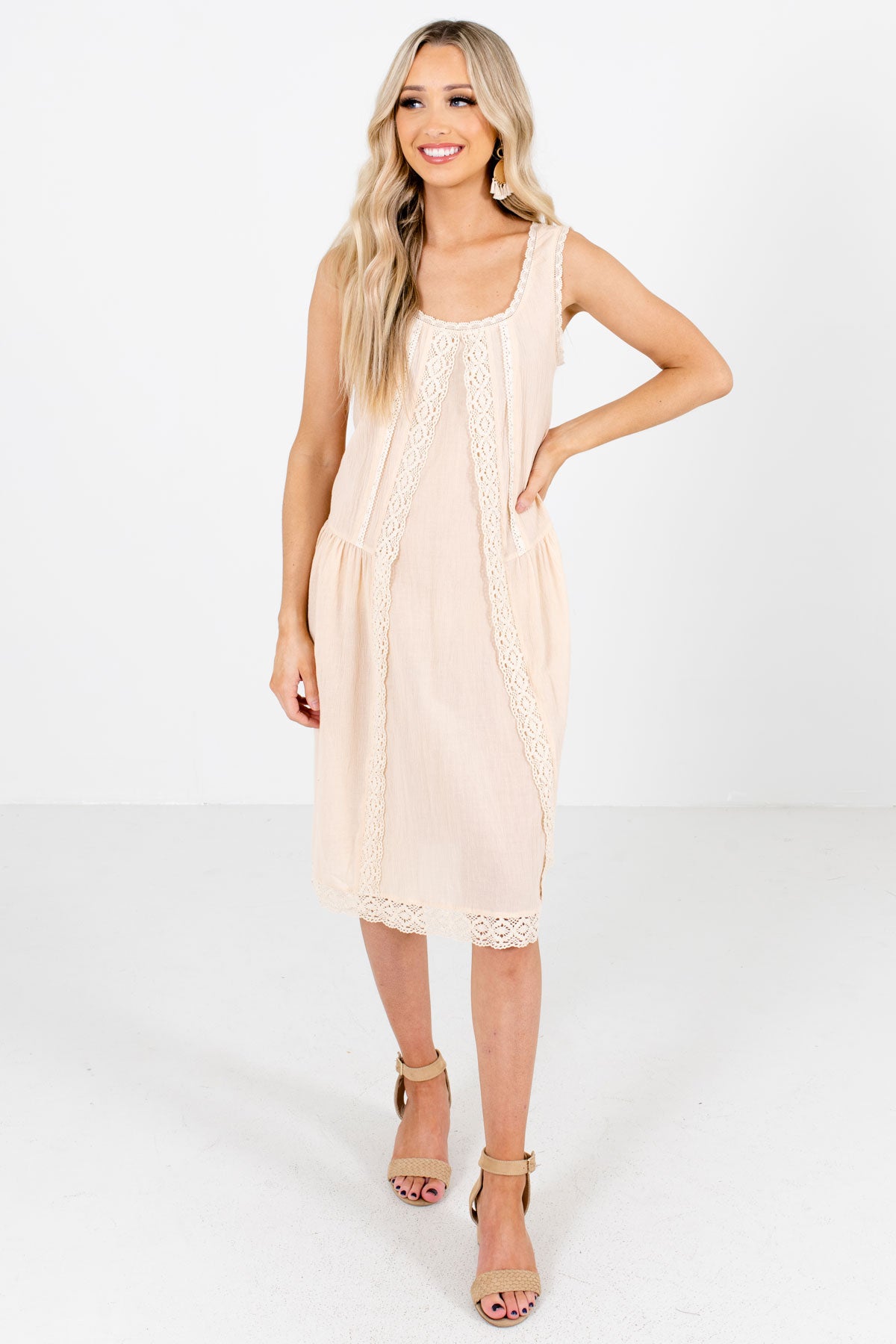 Cream Tank Top Style Boutique Knee-Length Dresses for Women