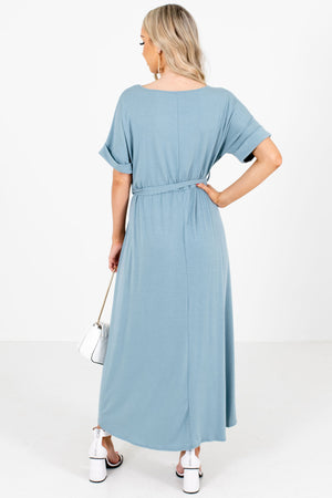 Women's Blue Waist Tie Detail Boutique Maxi Dress