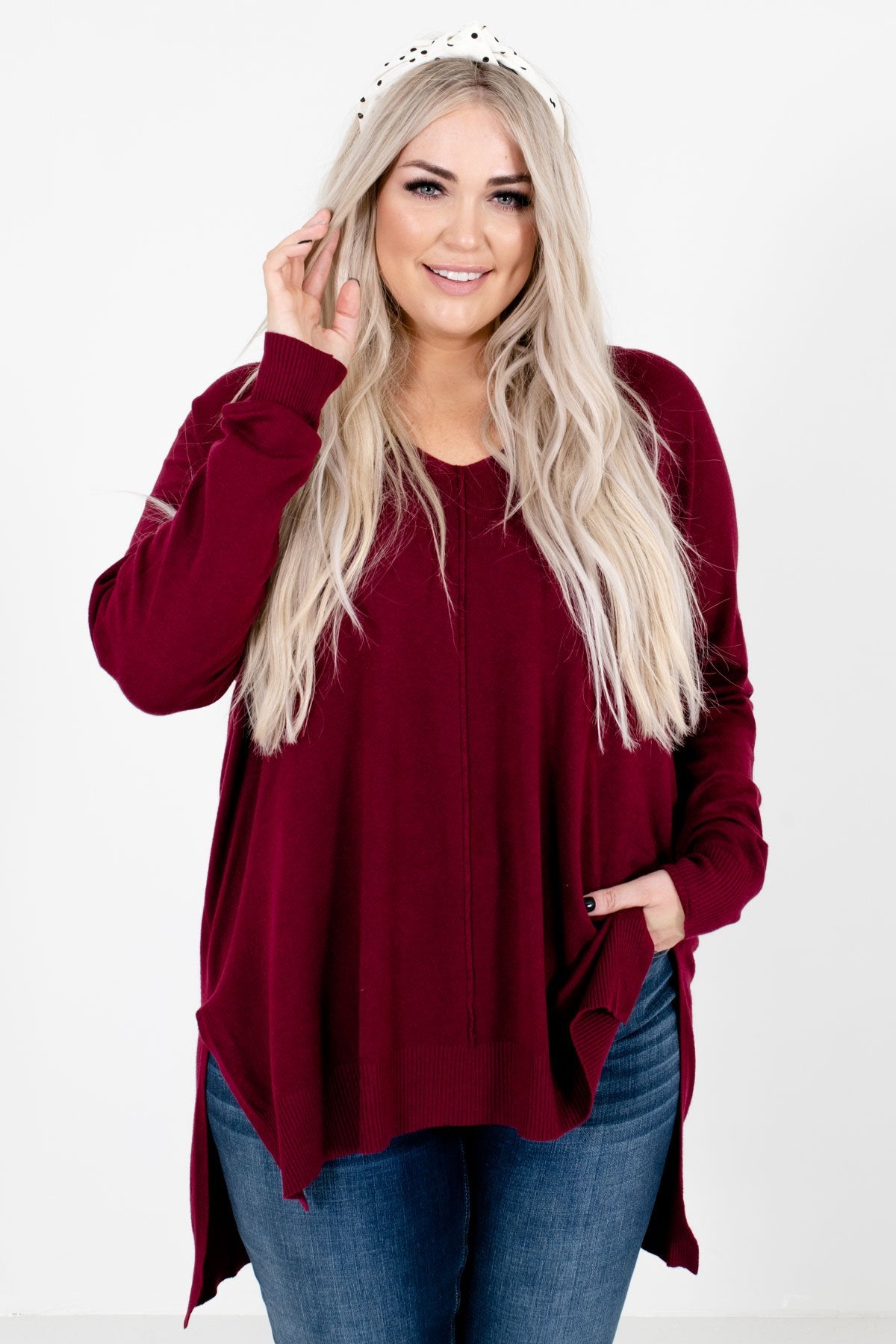 Burgundy Split High-Low Hem Boutique Sweaters for Women