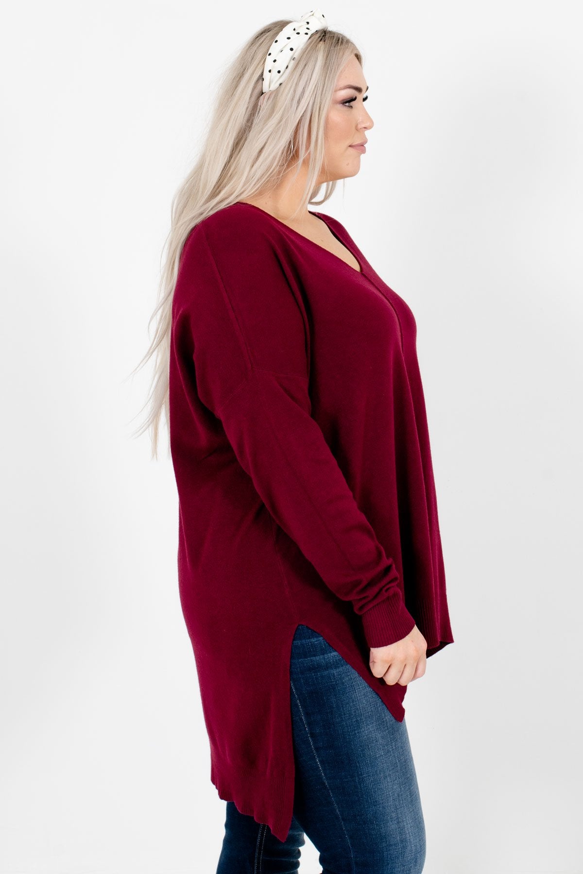 Burgundy V-Neckline Boutique Sweaters for Women