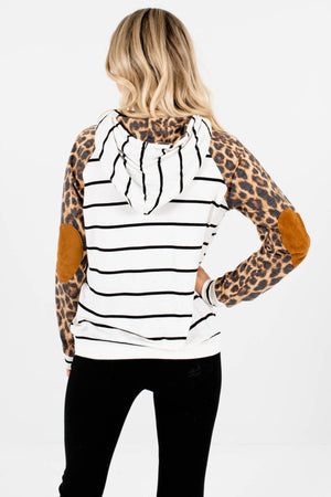 White Brown Black Striped Leopard Print Drawstring Hoodies for Women