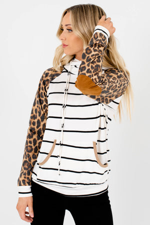 White Striped Leopard Print Colorblock Hoodies Affordable Online Boutique