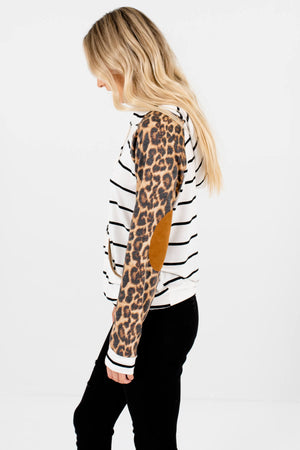 White Striped Leopard Print Colorblock Womens Hoodies with Elbow Patches