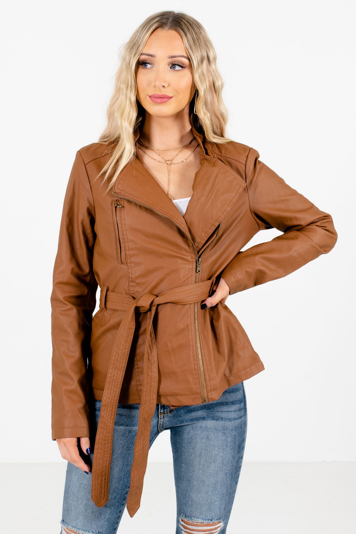 Brown Faux Leather Material Boutique Jackets for Women