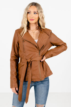 Brown Faux Leather Material Boutique Jackets for Women