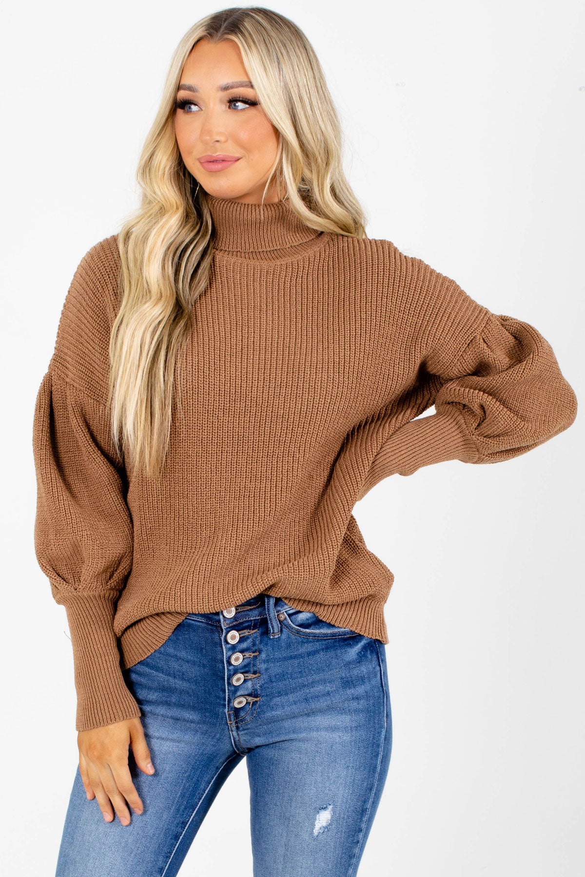 Ribbed Turtleneck Sweater for Women in Brown