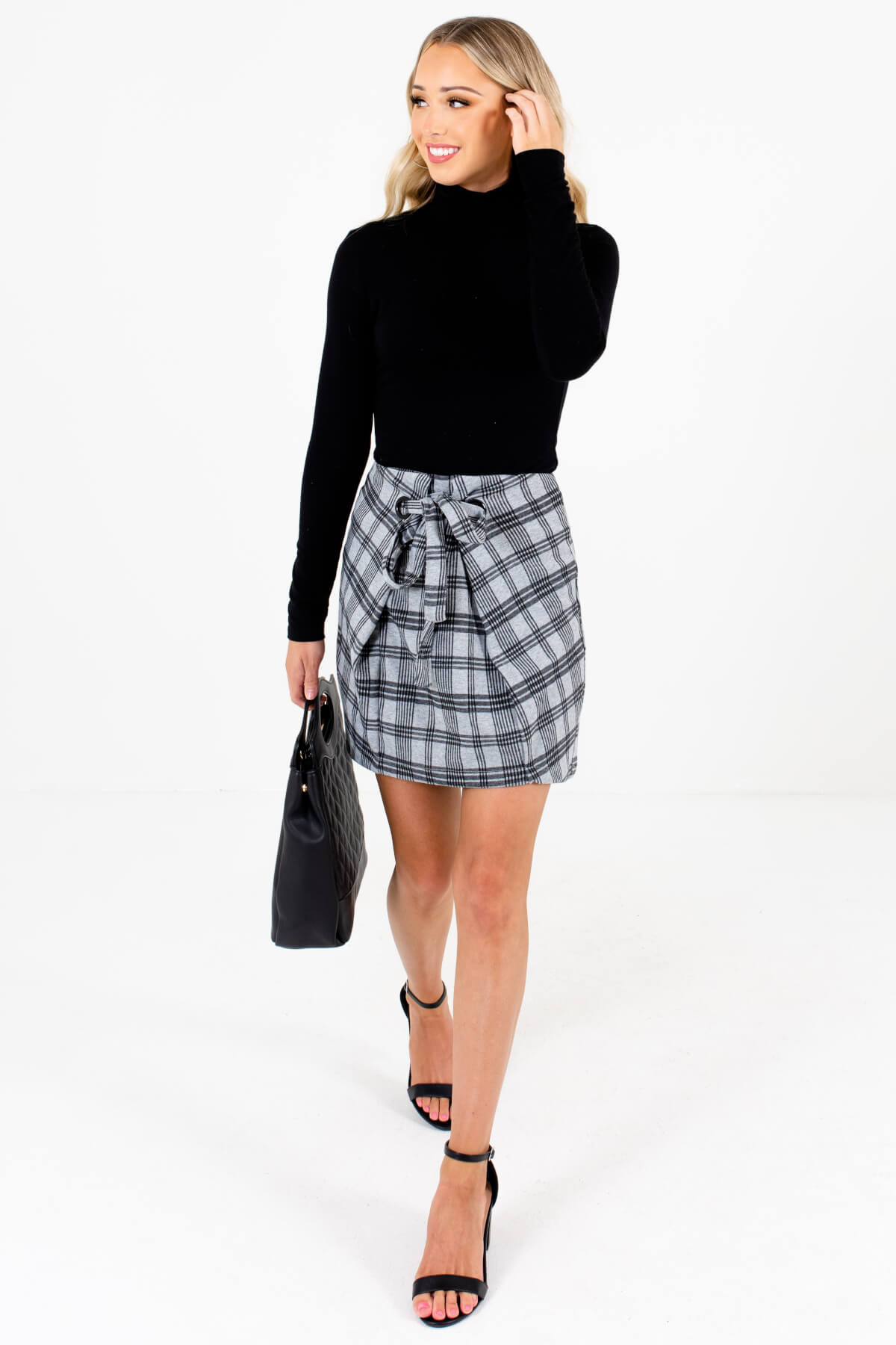 Women's Gray Plaid Business Casual Boutique Mini Skirts