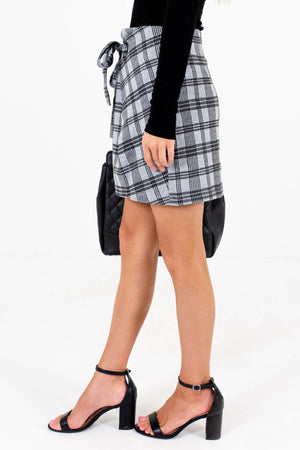 Gray Plaid Tie Front Detail Boutique Mini Skirts for Women