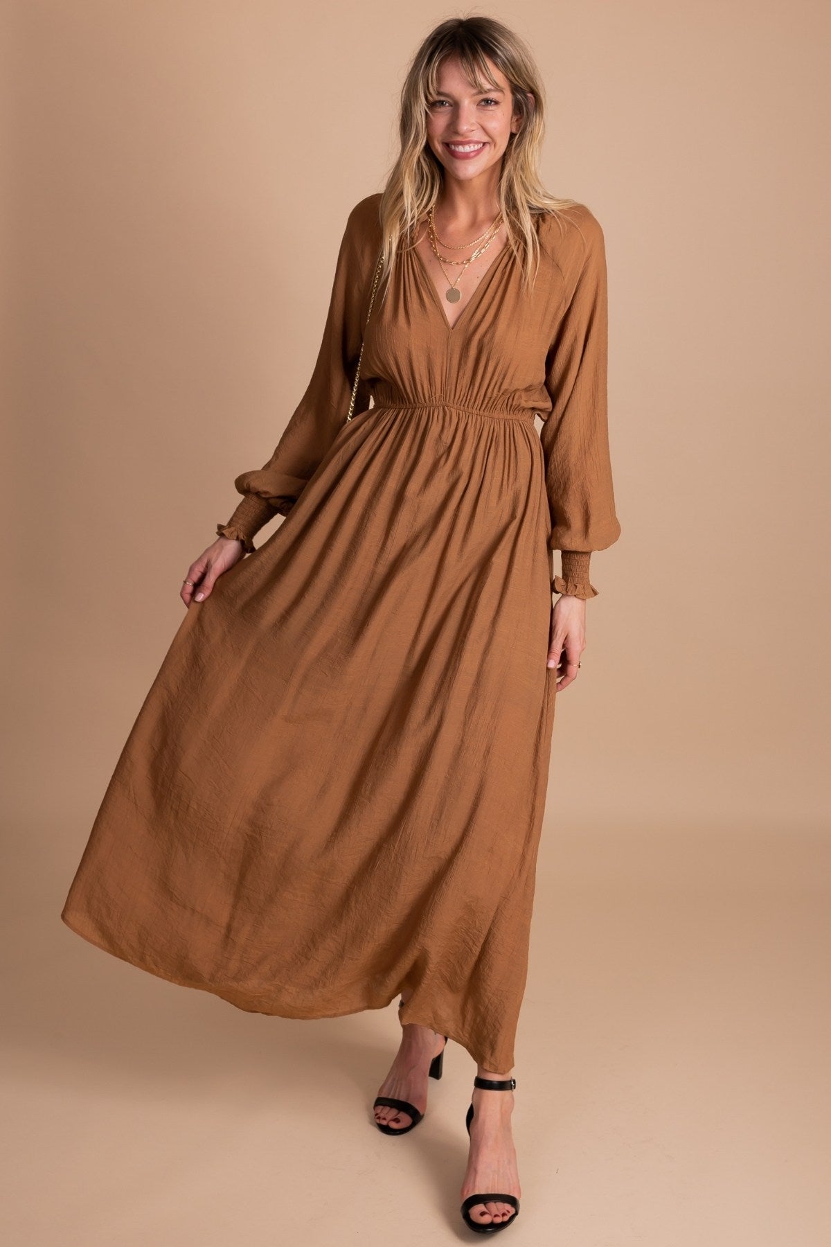 Women's Dark Camel Brown Maxi Dress for Special Occasions