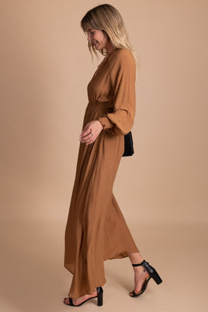 Boutique Long Dress with Long Sleeves in Dark Camel Brown