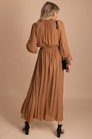 Camel Brown Maxi Dress with Stretchy Waist for Women