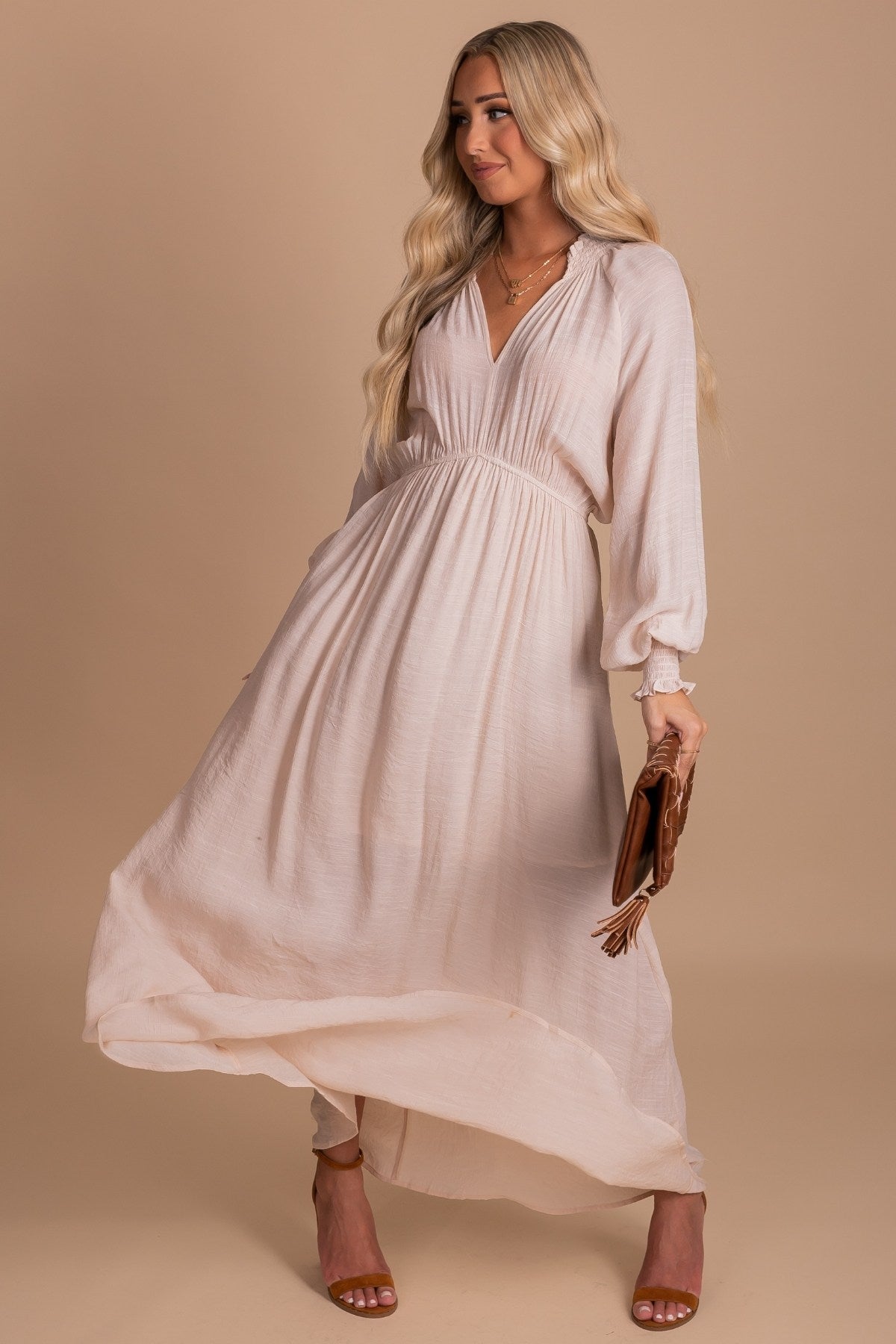 Long Sleeved Natural Off White Maxi Dress for Women