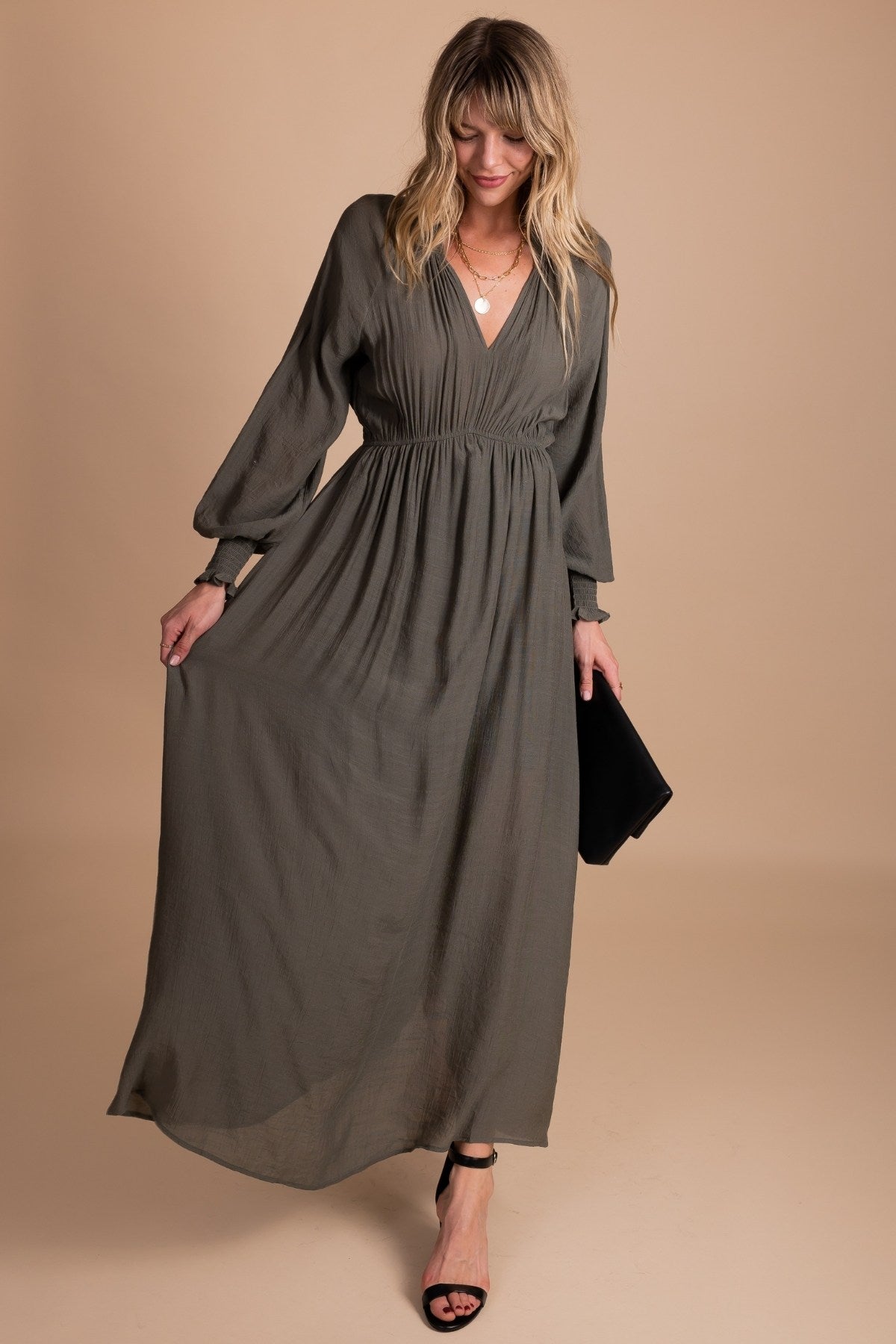 Women's Dark Olive Green Maxi Dress with Long Sleeves