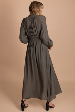 Women's Long Olive Green Dress with Ruched Detailing