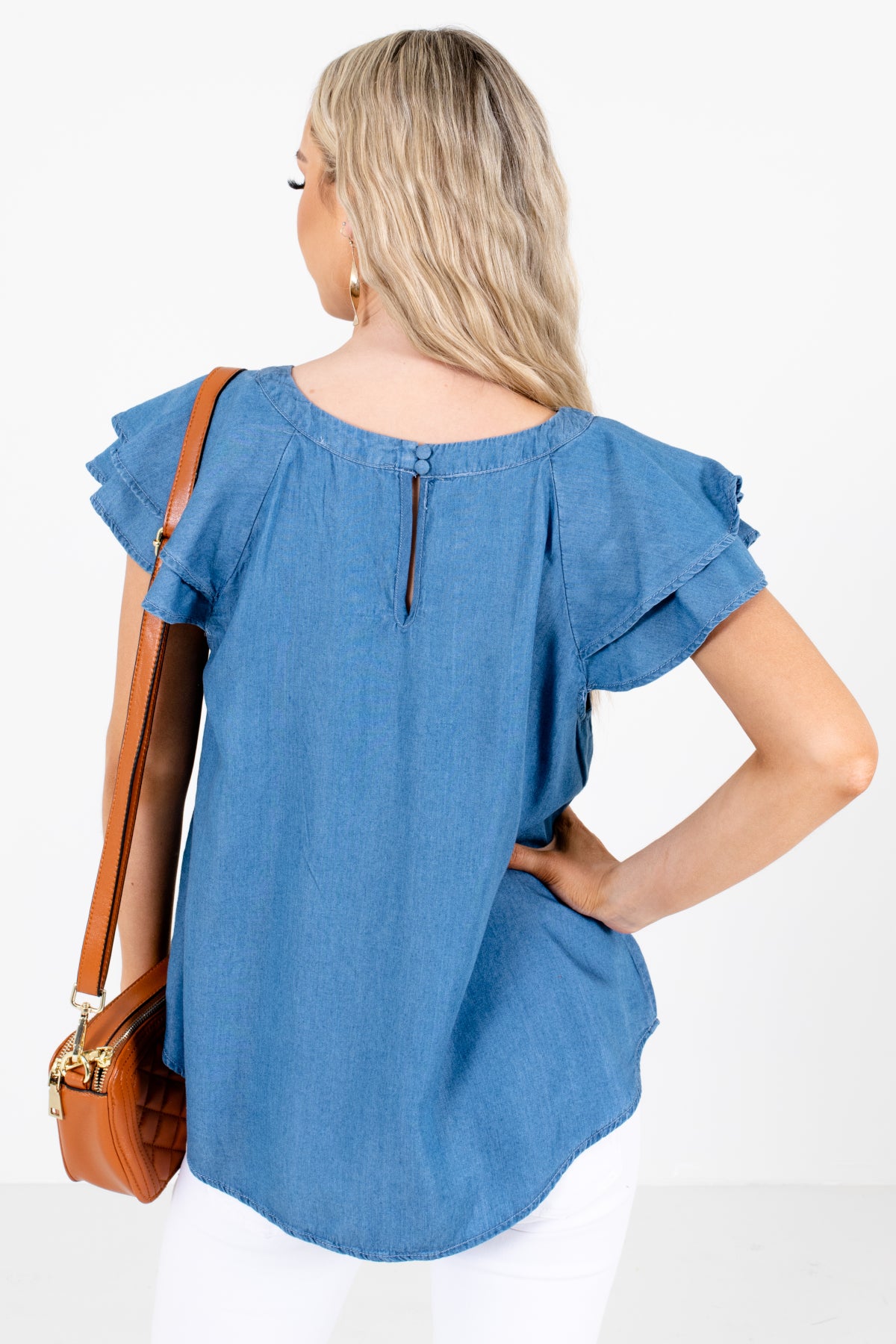 Women's Blue Cutout Neckline Detail Boutique Blouse