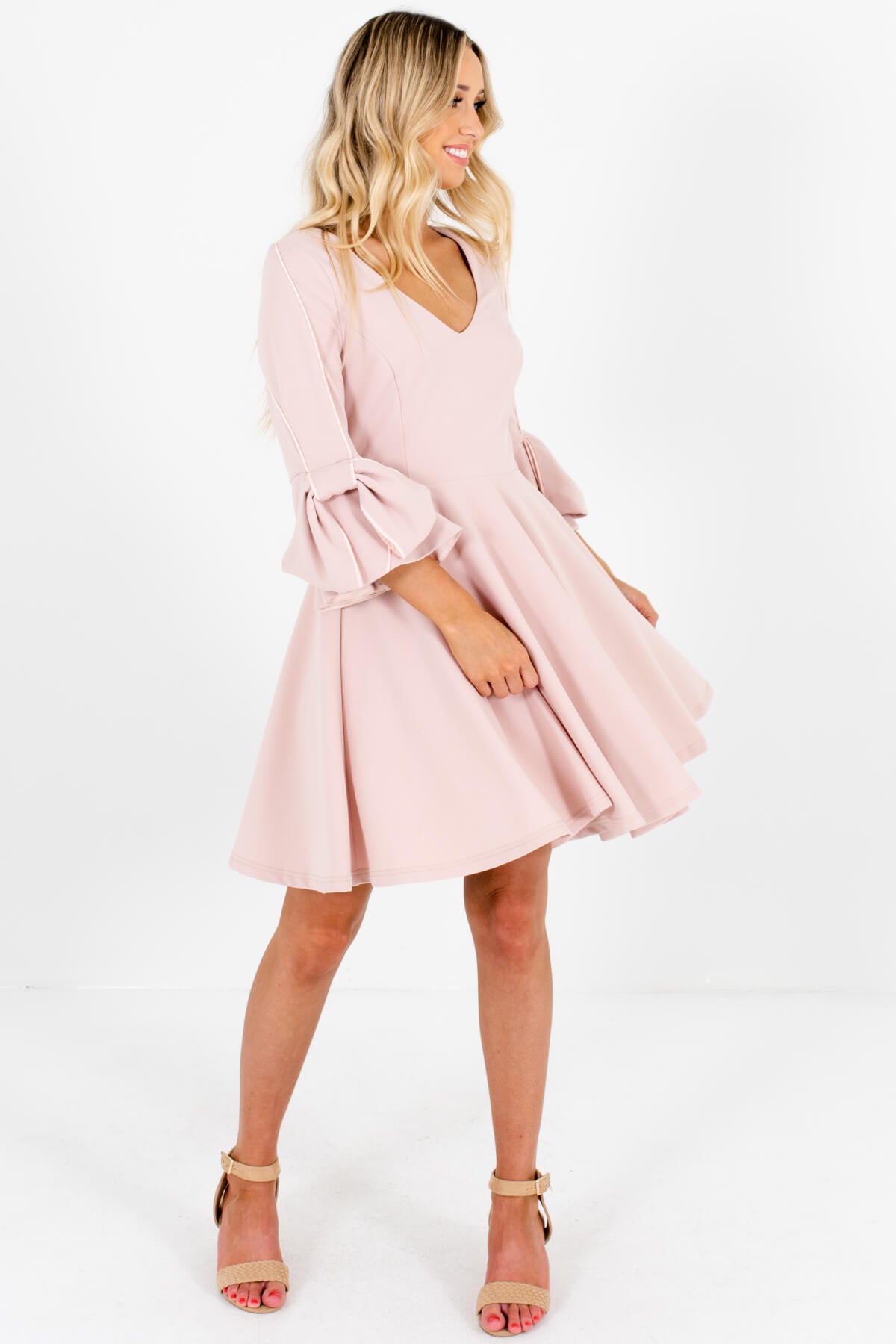 Blush Pink Cute Pleated Bow Sleeve Mini Dresses for Women