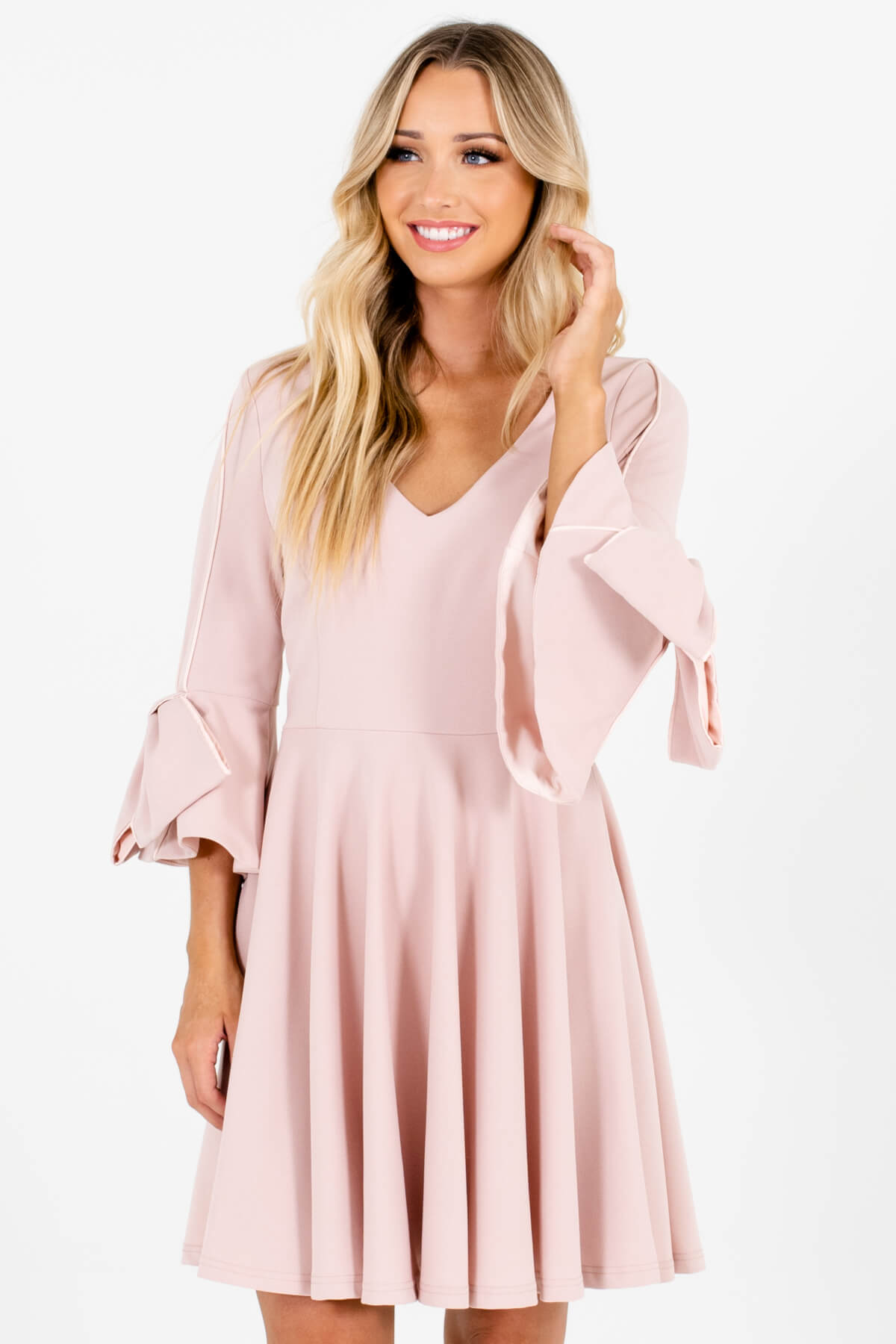 Blush Pink Thick Pleated Bow Sleeve Mini Dresses for Women