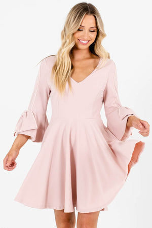 Blush Pink Bow Sleeve Pleated Mini Dresses Affordable Boutique