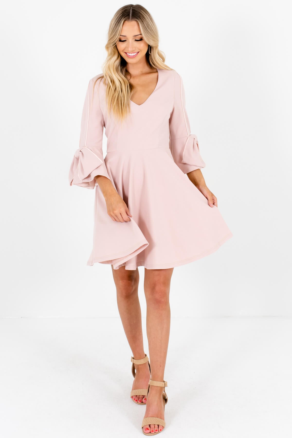 Blush Pink Cute Bow Sleeve Pleated Mini Dresses for Women