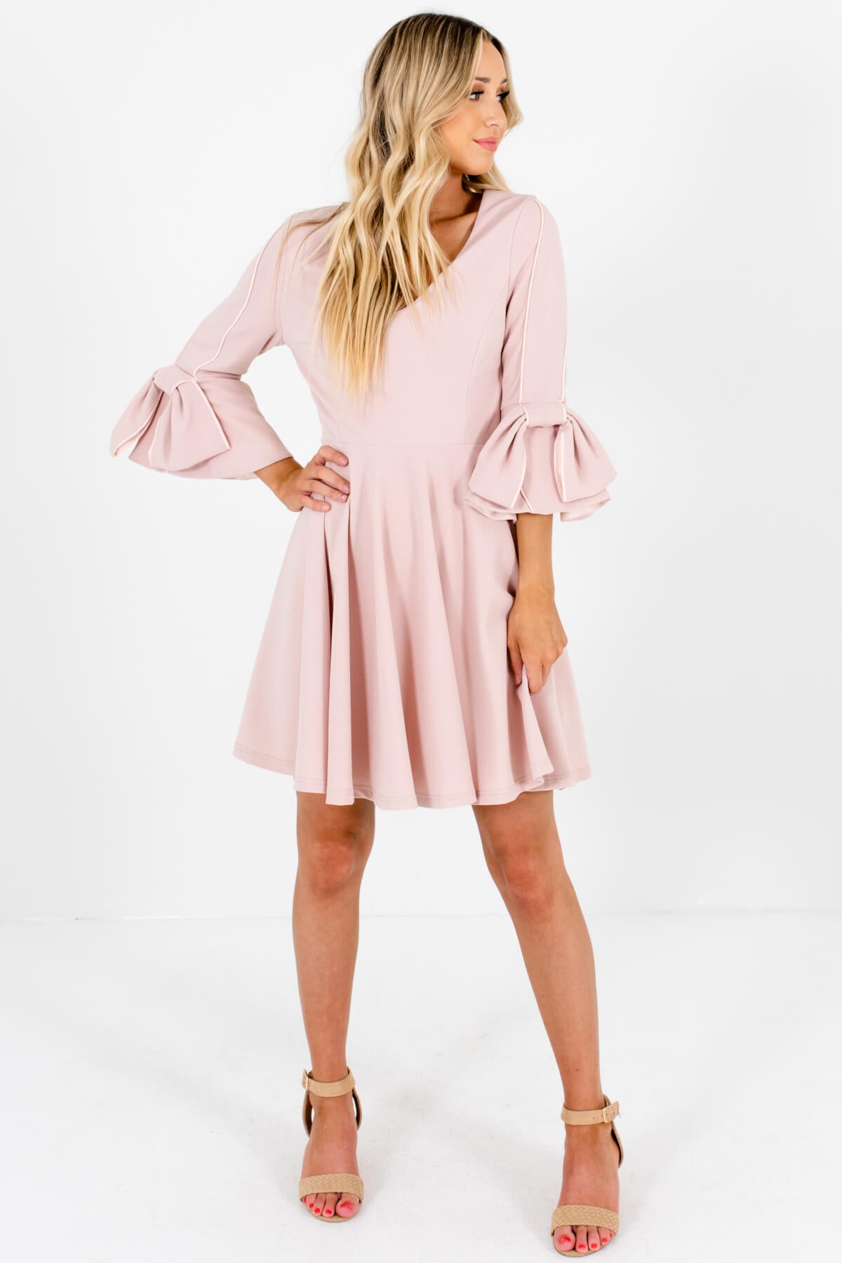 Blush Pink Pleated Bow Sleeve Mini Dresses for Women