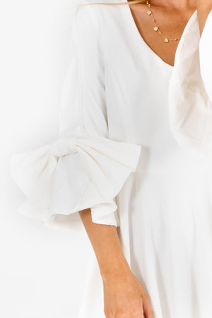 White Pleated Bow Sleeve Mini Dresses Affordable Online Boutique