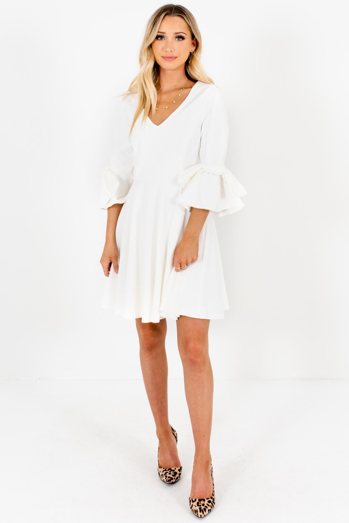 White Bow Sleeve Pleated Boutique Mini Dresses for Women