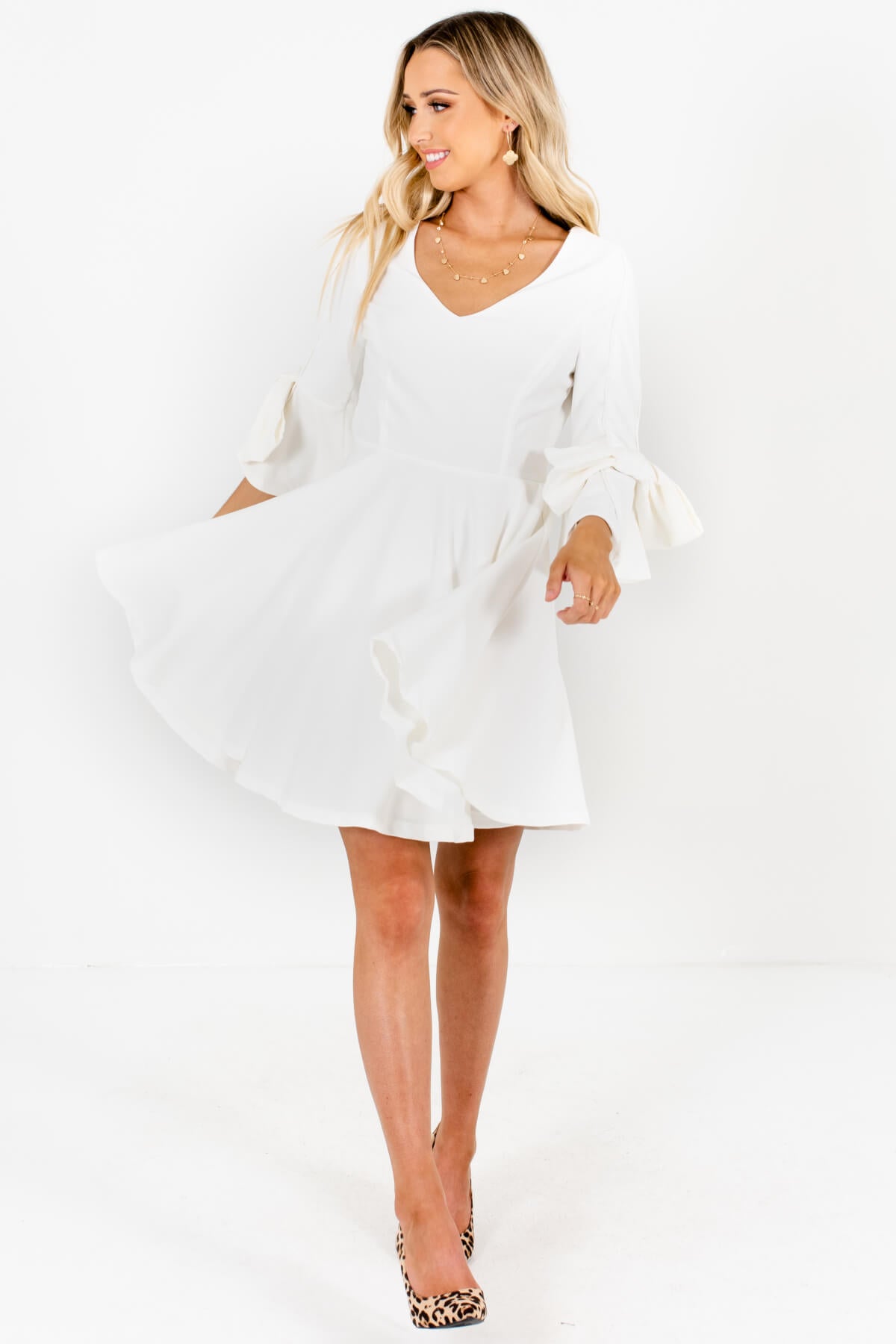 White Bow Sleeve Pleated Boutique Mini Dresses for Women